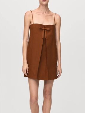 MANGO Brown Bow Mini Dress XS | Strappy, Euro Summer, NWT